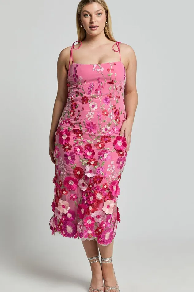 Jamich Midi Dress 8211 Straight Neck Tie Strap Pencil Dress In Magenta Women Showpo Curve Clothes
