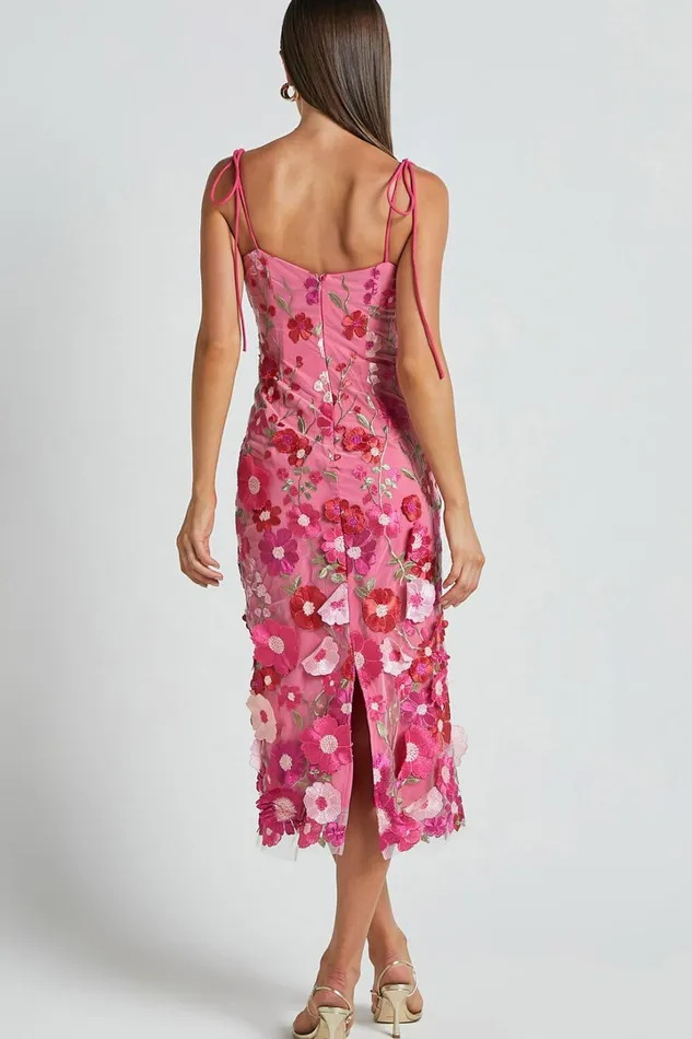 Jamich Midi Dress 8211 Straight Neck Tie Strap Pencil Dress In Magenta Women Showpo Curve Clothes