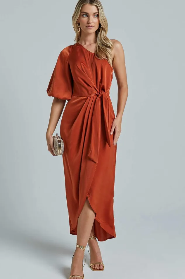 Janae Midi Dress 8211 One Shoulder 34 Sleeve Wrap In Copper Women Showpo Dresses