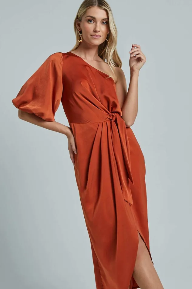 Janae Midi Dress 8211 One Shoulder 34 Sleeve Wrap In Copper Women Showpo Dresses