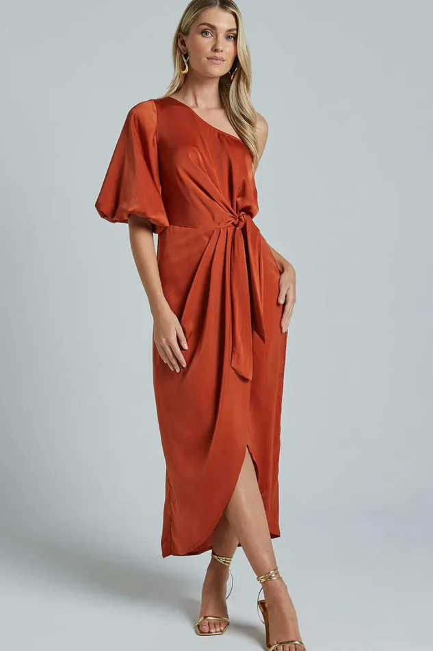 Janae Midi Dress 8211 One Shoulder 34 Sleeve Wrap In Copper Women Showpo Dresses