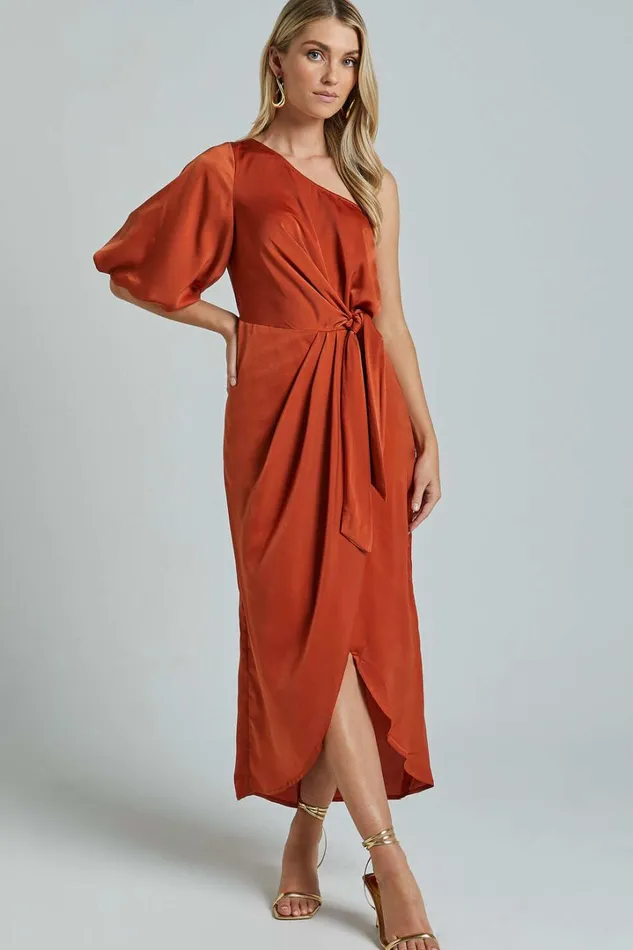 Janae Midi Dress 8211 One Shoulder 34 Sleeve Wrap In Copper Women Showpo Dresses