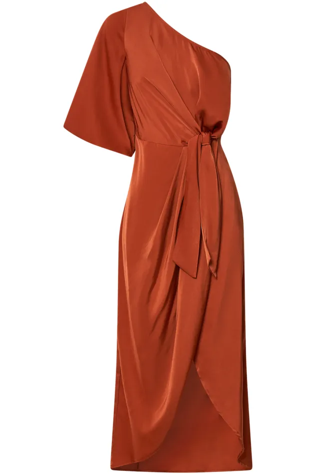 Janae Midi Dress 8211 One Shoulder 34 Sleeve Wrap In Copper Women Showpo Dresses