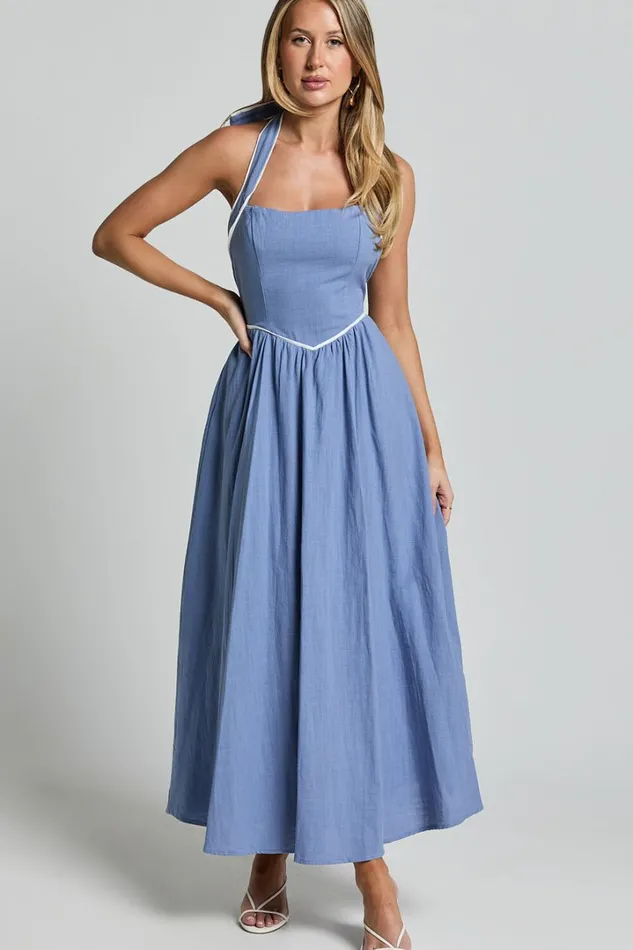 Jesse Midi Dress 8211 Halter Neck Back Tie Dress In Blue Women Showpo Dresses