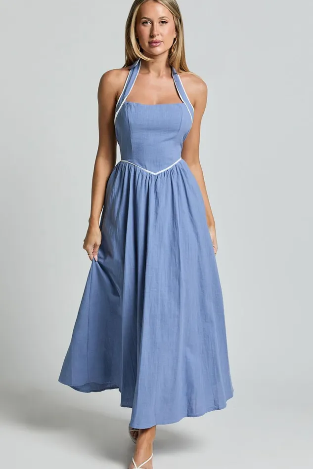 Jesse Midi Dress 8211 Halter Neck Back Tie Dress In Blue Women Showpo Dresses