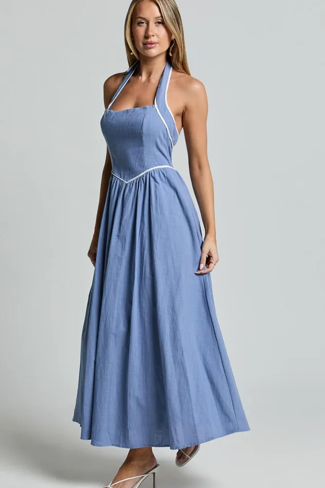 Jesse Midi Dress 8211 Halter Neck Back Tie Dress In Blue Women Showpo Dresses
