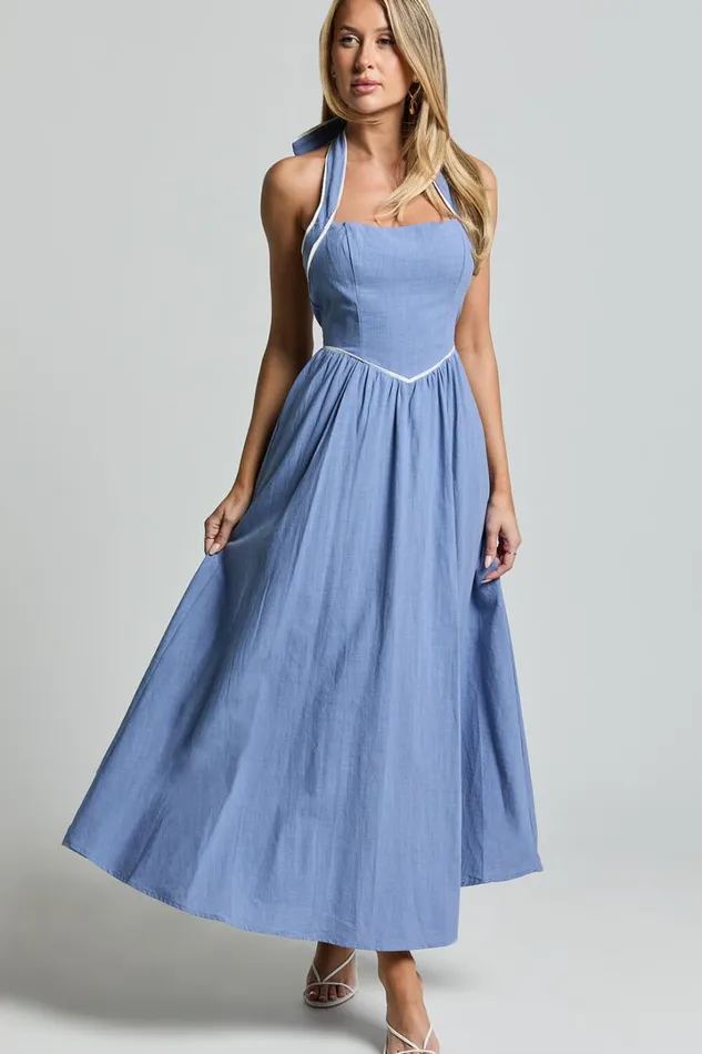 Jesse Midi Dress 8211 Halter Neck Back Tie Dress In Blue Women Showpo Dresses