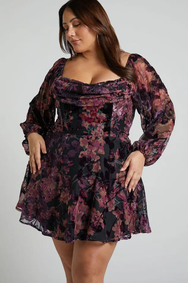 Jessell Mini Dress 8211 Long Sleeve Cowl Corset Dress In Burnt Out Floral Women Showpo Curve Clothes Jessell Mini Dress 8211 Long Sleeve Cowl Corset Dress In Burnt Out Floral Women Showpo Curve Clothes