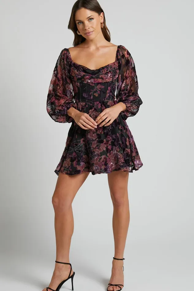 Jessell Mini Dress 8211 Long Sleeve Cowl Corset Dress In Burnt Out Floral Women Showpo Curve Clothes Jessell Mini Dress 8211 Long Sleeve Cowl Corset Dress In Burnt Out Floral Women Showpo Curve Clothes