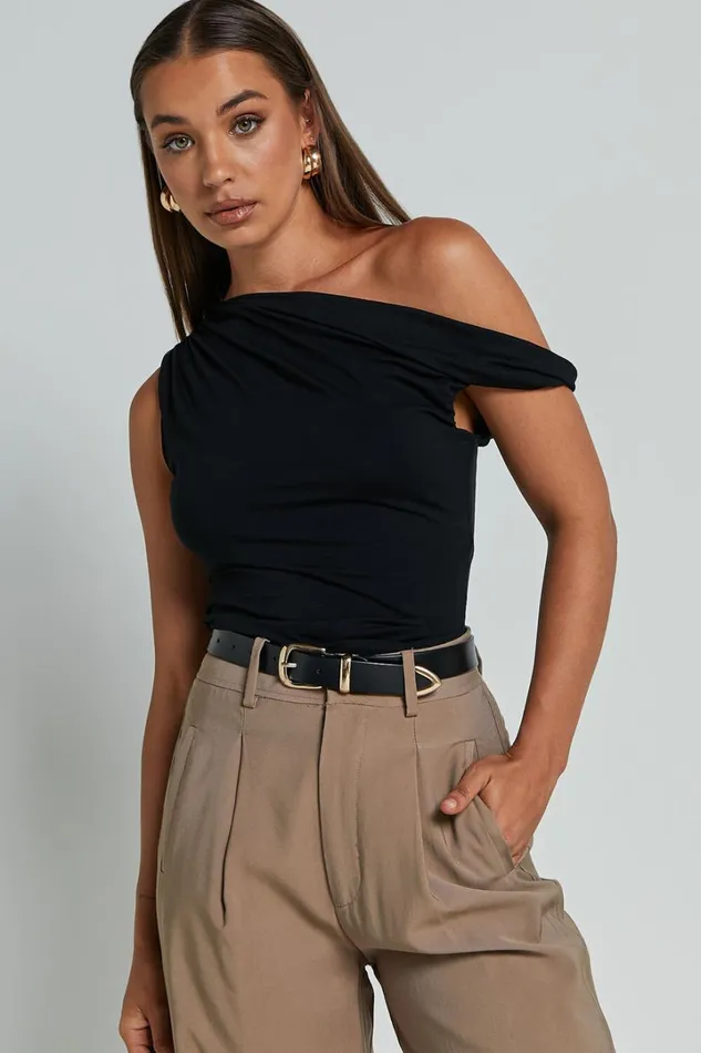 Jialeen Top 8211 Off Shoulder Twist Asymmetrical Sleeve Top In Black Women Showpo Tops