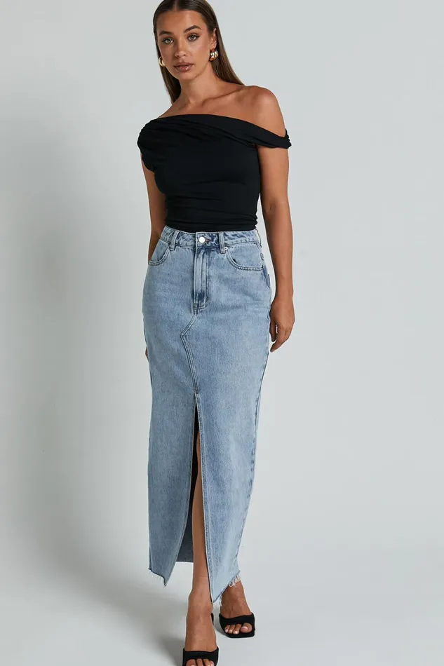 Jialeen Top 8211 Off Shoulder Twist Asymmetrical Sleeve Top In Black Women Showpo Tops