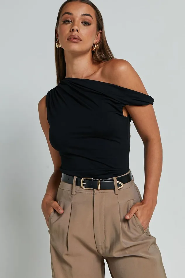 Jialeen Top 8211 Off Shoulder Twist Asymmetrical Sleeve Top In Black Women Showpo Tops