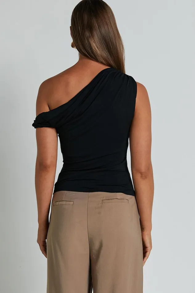 Jialeen Top 8211 Off Shoulder Twist Asymmetrical Sleeve Top In Black Women Showpo Tops