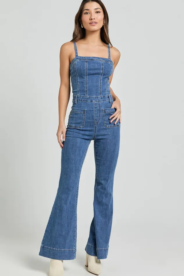 Joey Jumpsuit 8211 Panelled Cami Flared Bottom Denim Jumpsuit In Dark Blue Wash Women Showpo Conscious