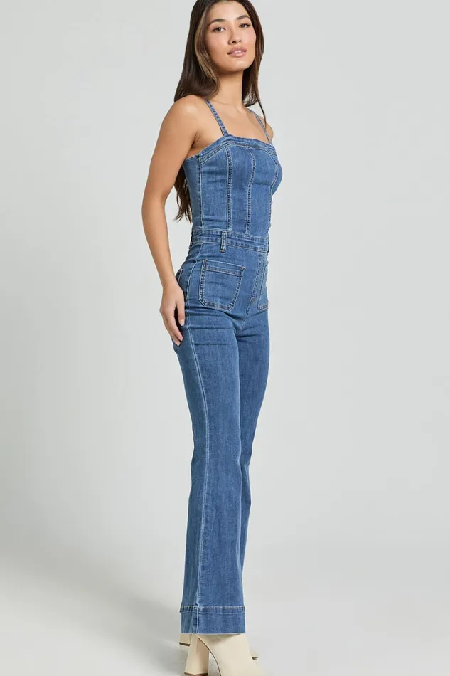 Joey Jumpsuit 8211 Panelled Cami Flared Bottom Denim Jumpsuit In Dark Blue Wash Women Showpo Conscious
