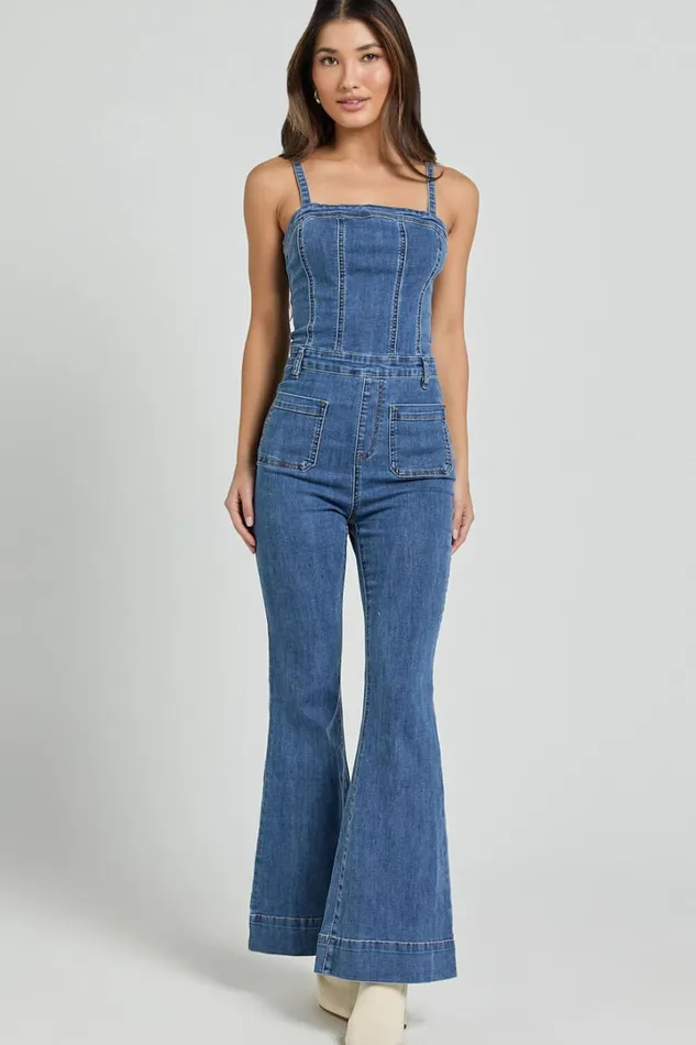 Joey Jumpsuit 8211 Panelled Cami Flared Bottom Denim Jumpsuit In Dark Blue Wash Women Showpo Conscious