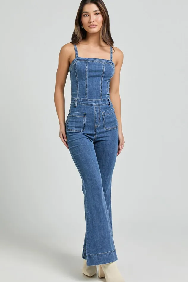 Joey Jumpsuit 8211 Panelled Cami Flared Bottom Denim Jumpsuit In Dark Blue Wash Women Showpo Conscious