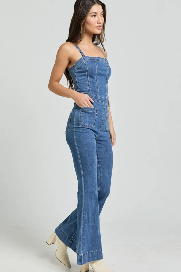 Joey Jumpsuit 8211 Panelled Cami Flared Bottom Denim Jumpsuit In Dark Blue Wash Women Showpo Conscious