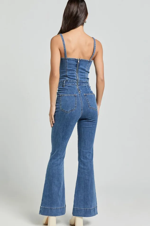 Joey Jumpsuit 8211 Panelled Cami Flared Bottom Denim Jumpsuit In Dark Blue Wash Women Showpo Conscious
