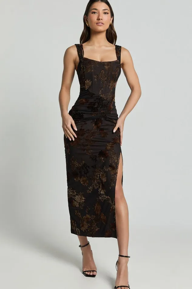 Karlene Midi Dress 8211 Ruched Corset Burnout Dress In Black And Brown Women Showpo Dresses Karlene Midi Dress 8211 Ruched Corset Burnout Dress In Black And Brown Women Showpo Dresses