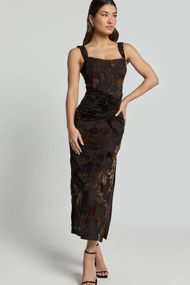 Karlene Midi Dress 8211 Ruched Corset Burnout Dress In Black And Brown Women Showpo Dresses