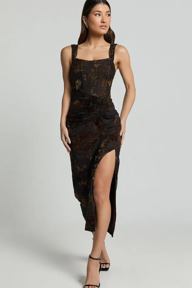Karlene Midi Dress 8211 Ruched Corset Burnout Dress In Black And Brown Women Showpo Dresses