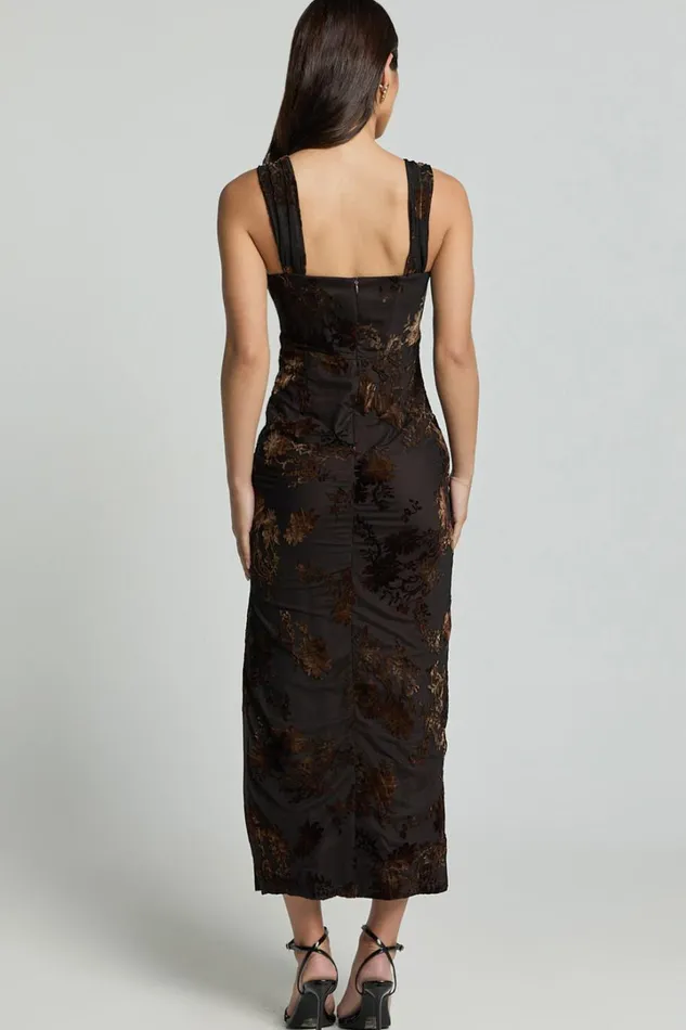 Karlene Midi Dress 8211 Ruched Corset Burnout Dress In Black And Brown Women Showpo Dresses