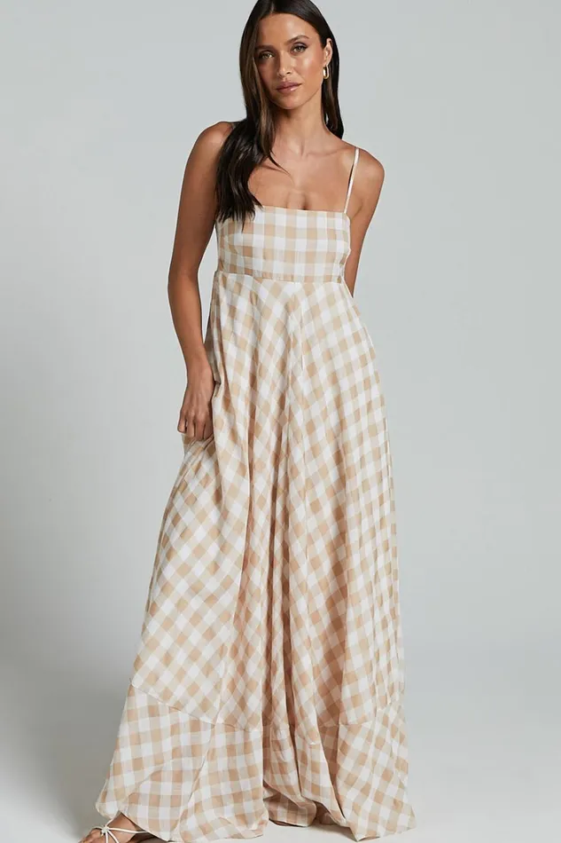 Katrien Maxi Dress 8211 Strappy Empire Waist Flare Dress In Beige And White Check Women Showpo Curve Clothes Katrien Maxi Dress 8211 Strappy Empire Waist Flare Dress In Beige And White Check Women Showpo Curve Clothes