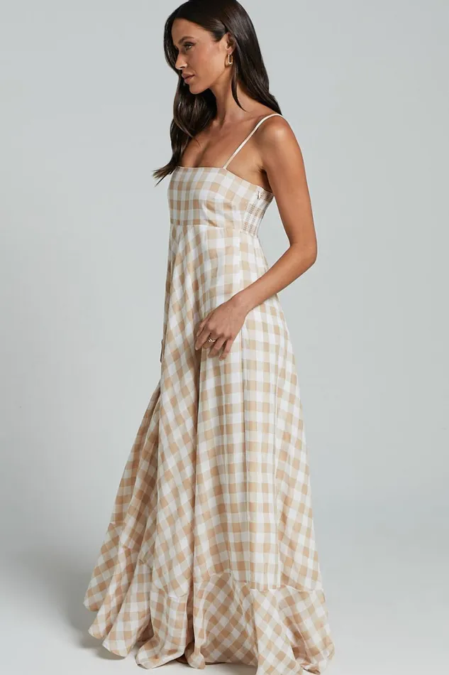 Katrien Maxi Dress 8211 Strappy Empire Waist Flare Dress In Beige And White Check Women Showpo Curve Clothes