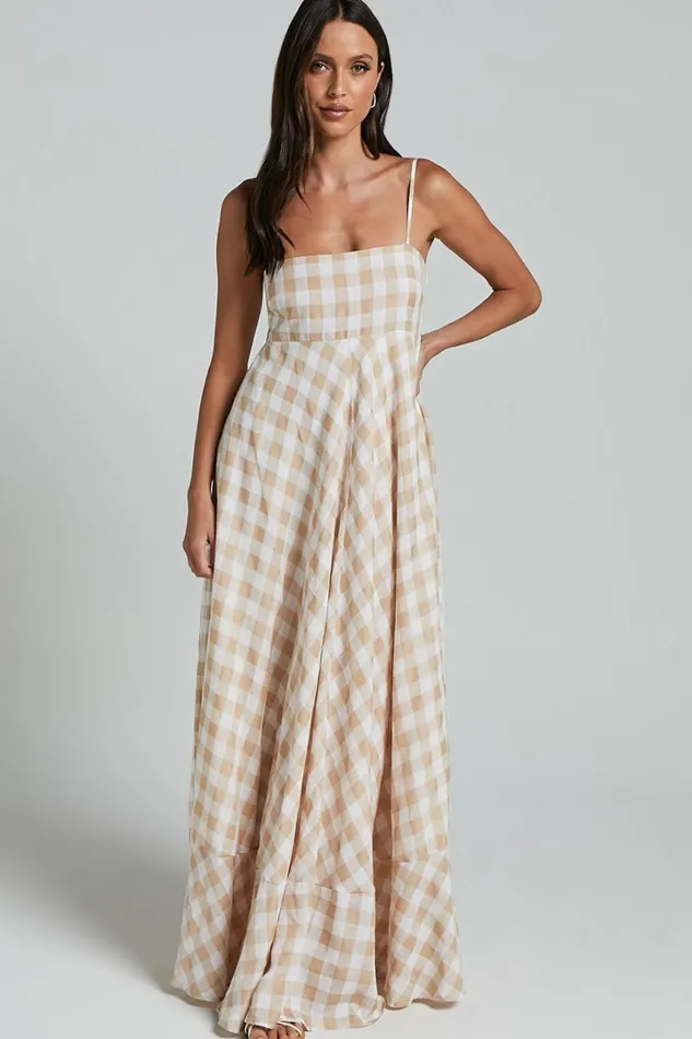 Katrien Maxi Dress 8211 Strappy Empire Waist Flare Dress In Beige And White Check Women Showpo Curve Clothes