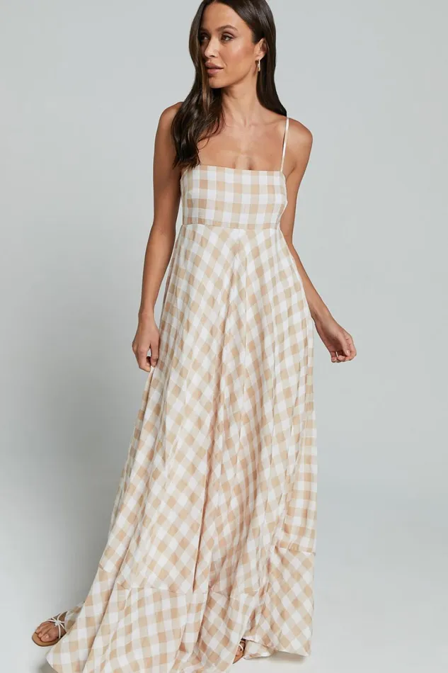 Katrien Maxi Dress 8211 Strappy Empire Waist Flare Dress In Beige And White Check Women Showpo Curve Clothes