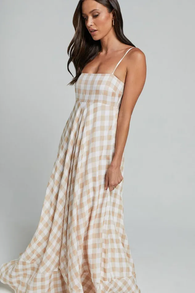 Katrien Maxi Dress 8211 Strappy Empire Waist Flare Dress In Beige And White Check Women Showpo Curve Clothes