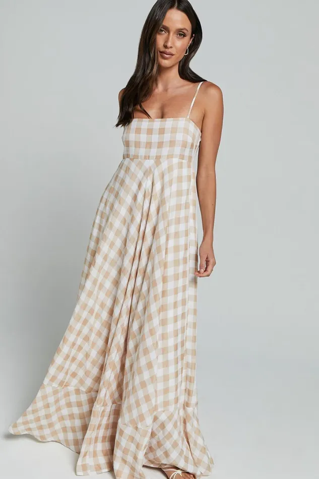 Katrien Maxi Dress 8211 Strappy Empire Waist Flare Dress In Beige And White Check Women Showpo Curve Clothes