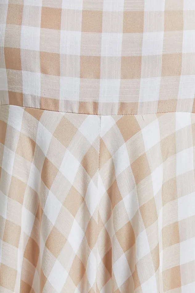 Katrien Maxi Dress 8211 Strappy Empire Waist Flare Dress In Beige And White Check Women Showpo Curve Clothes