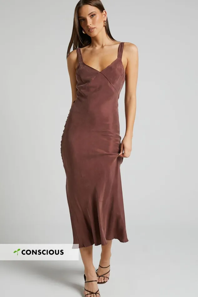 Kaya Midi Dress 8211 Cupro Slip Dress In Chocolate Women Showpo Dresses