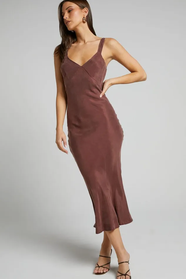 Kaya Midi Dress 8211 Cupro Slip Dress In Chocolate Women Showpo Dresses