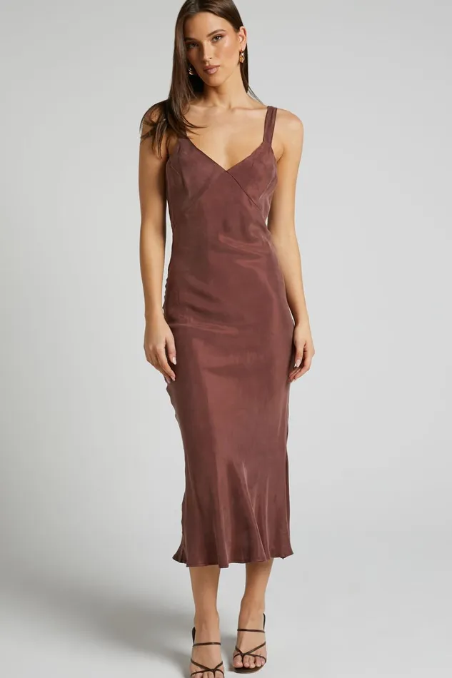 Kaya Midi Dress 8211 Cupro Slip Dress In Chocolate Women Showpo Dresses