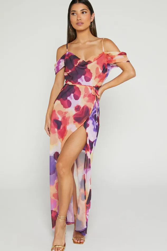 Keira Midi Dress 8211 Draped Off The Shoulder Dress In Watercolour Floral Women Showpo Dresses Keira Midi Dress 8211 Draped Off The Shoulder Dress In Watercolour Floral Women Showpo Dresses