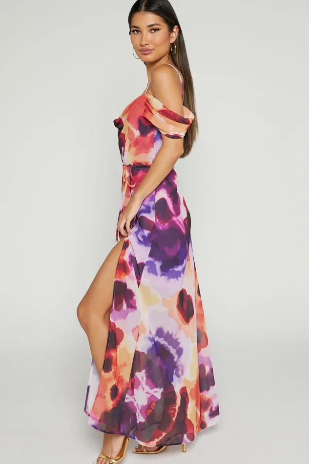 Keira Midi Dress 8211 Draped Off The Shoulder Dress In Watercolour Floral Women Showpo Dresses