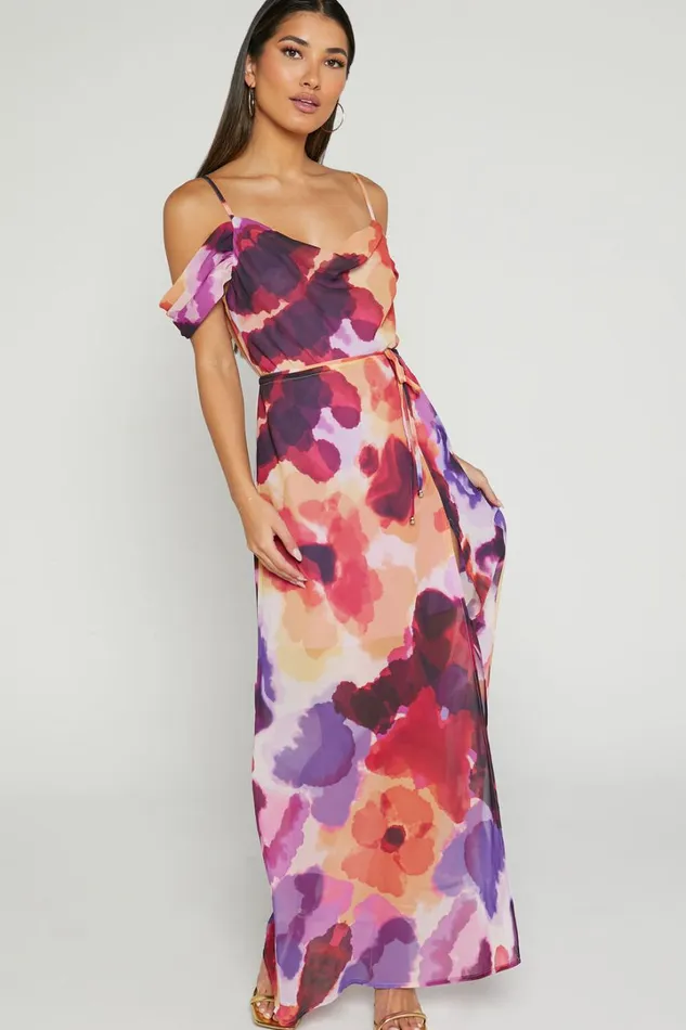 Keira Midi Dress 8211 Draped Off The Shoulder Dress In Watercolour Floral Women Showpo Dresses