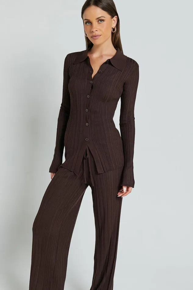 Kelsey Top 8211 Button Through Long Sleeve Knitted Top In Chocolate Women Showpo Knitwear