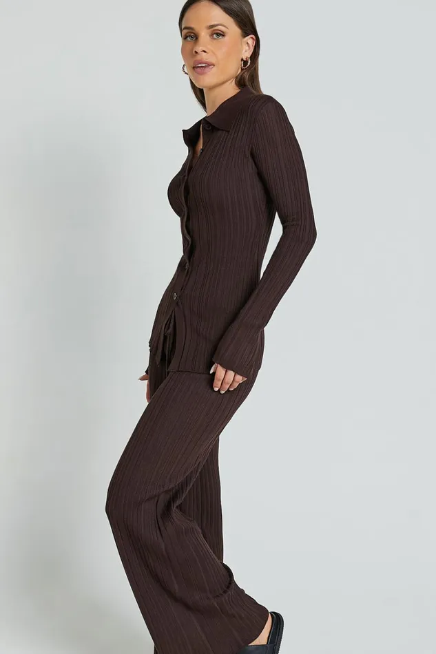 Kelsey Top 8211 Button Through Long Sleeve Knitted Top In Chocolate Women Showpo Knitwear