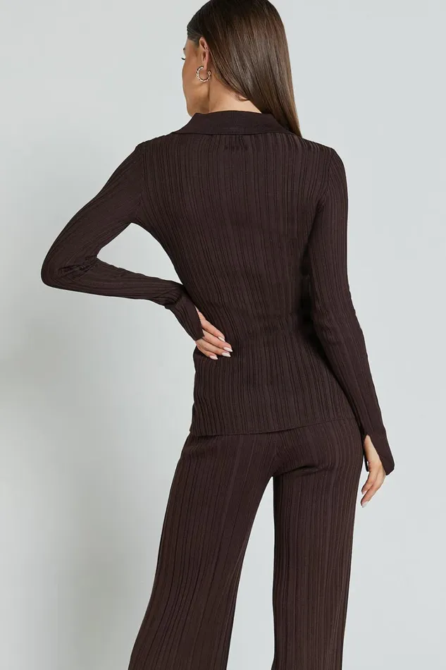 Kelsey Top 8211 Button Through Long Sleeve Knitted Top In Chocolate Women Showpo Knitwear