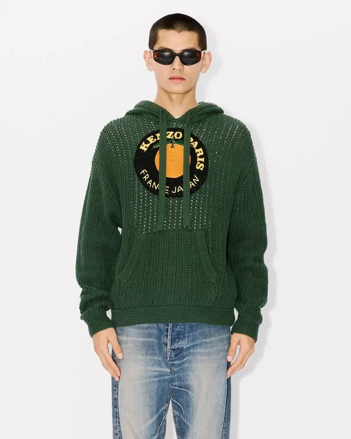 Kenzo Knitwear Men Fruit Stickers039 Embroidered Hooded Sweatshirt Dark Khaki