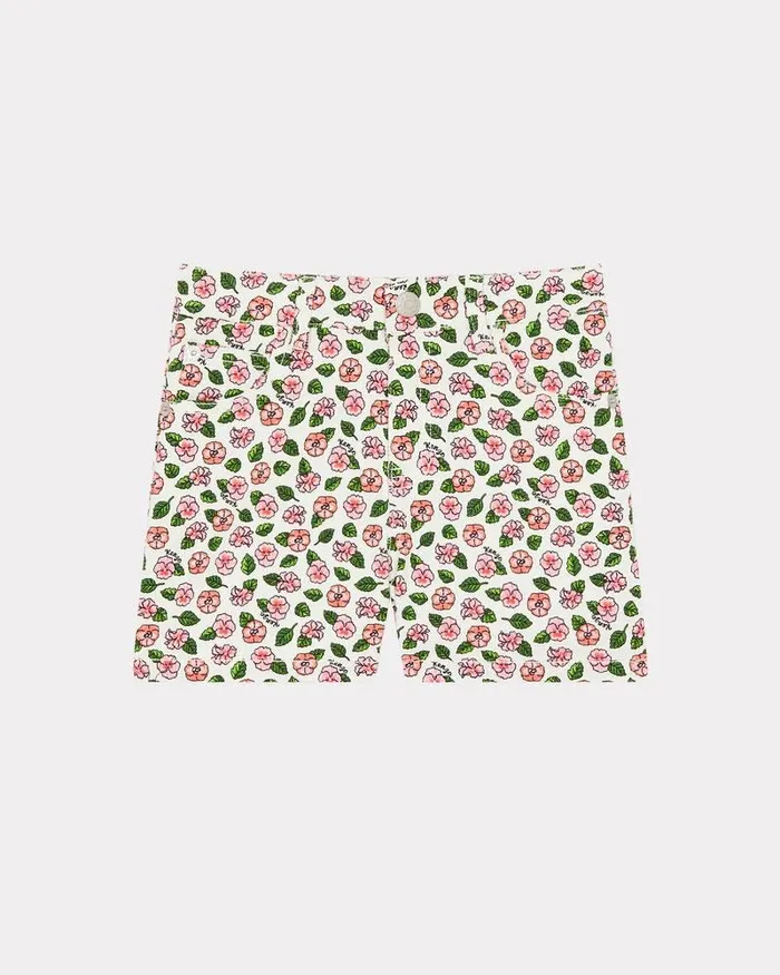 Kenzo Pants And Shorts Kids 039Flower039 Printed Cotton Shorts Off White