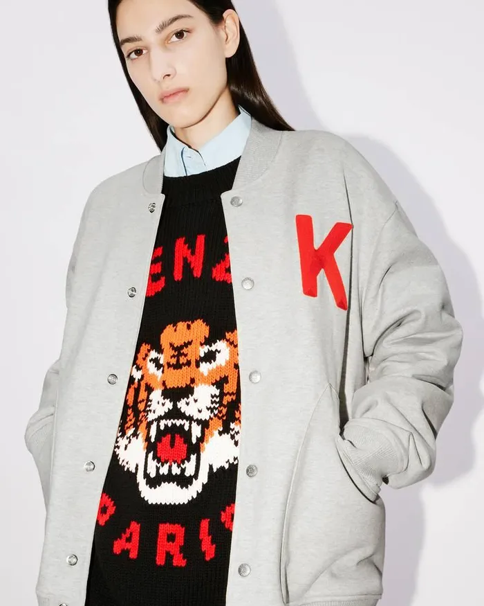 Kenzo Sweatshirts And Hoodies MenWomen Lucky Tiger Varsity039 Embroidered Genderless Bomber Jacket Pale Grey