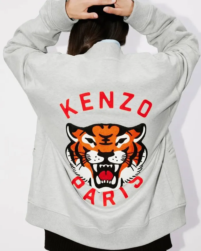 Kenzo Sweatshirts And Hoodies MenWomen Lucky Tiger Varsity039 Embroidered Genderless Bomber Jacket Pale Grey