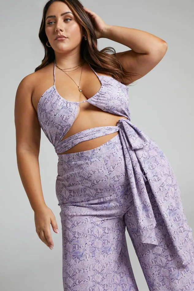 Khaji Top 8211 Halter Scarf Bust Crop Top In Lilac Snake Print Women Showpo Tops