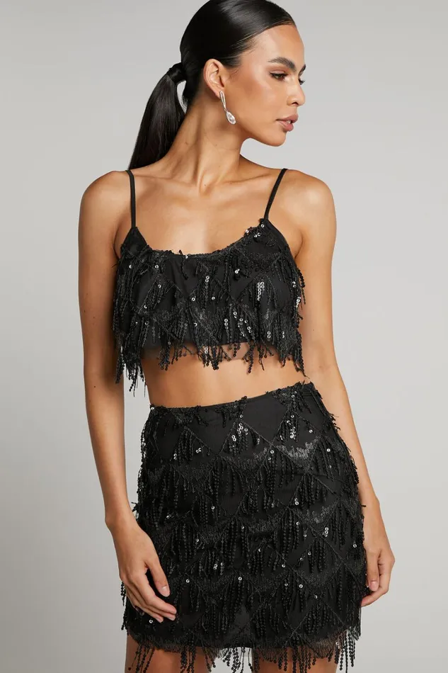 Khrizza Top 8211 Sequin Diamond Mesh Cropped Cami Top In Black Women Showpo Tops