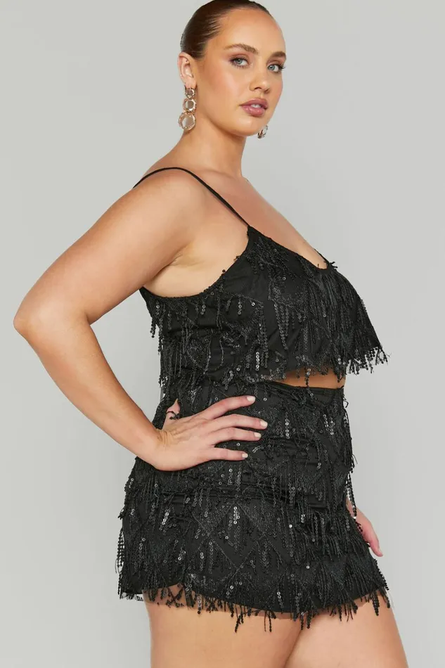 Khrizza Top 8211 Sequin Diamond Mesh Cropped Cami Top In Black Women Showpo Tops